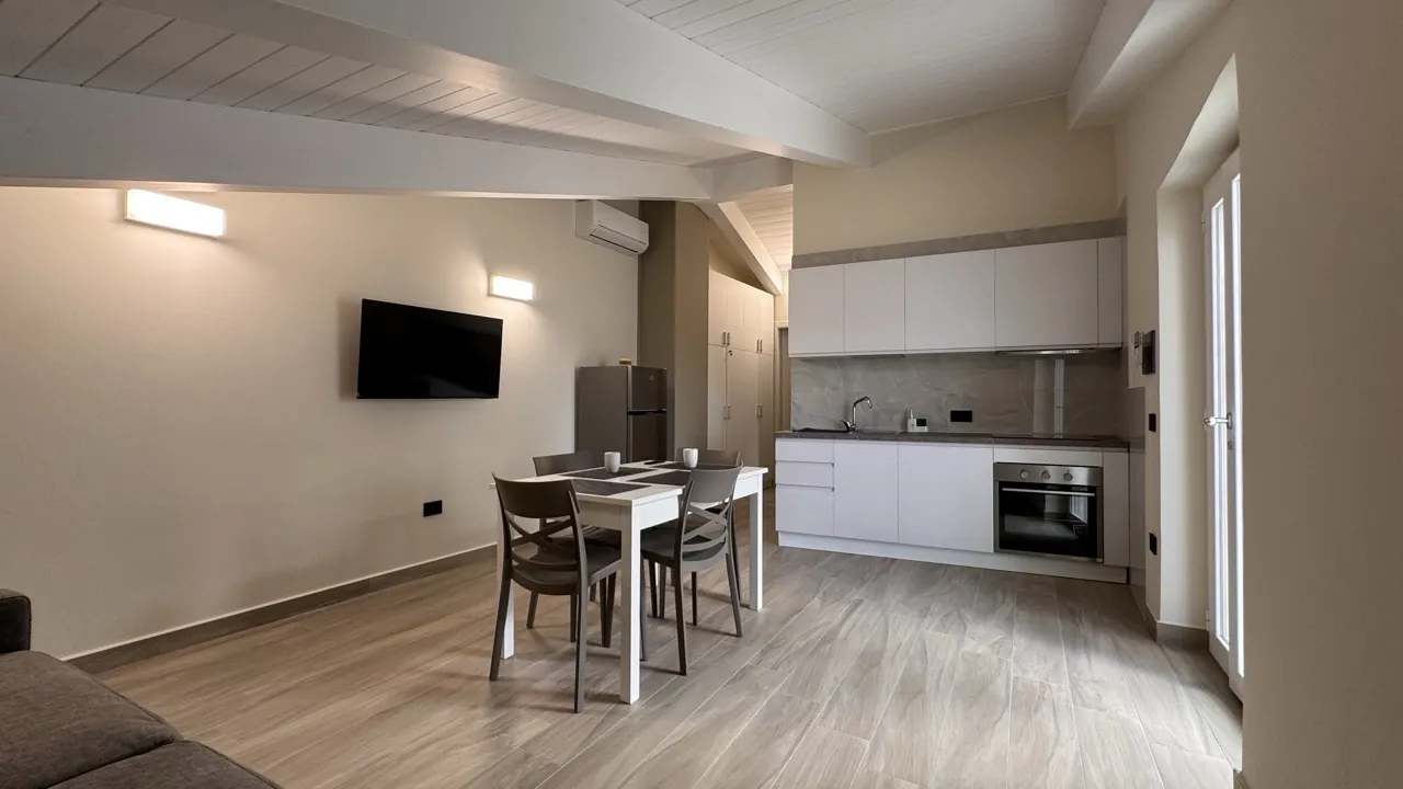 Living room of the penthouse apartment with sofa bed, dining table and flat-screen TV